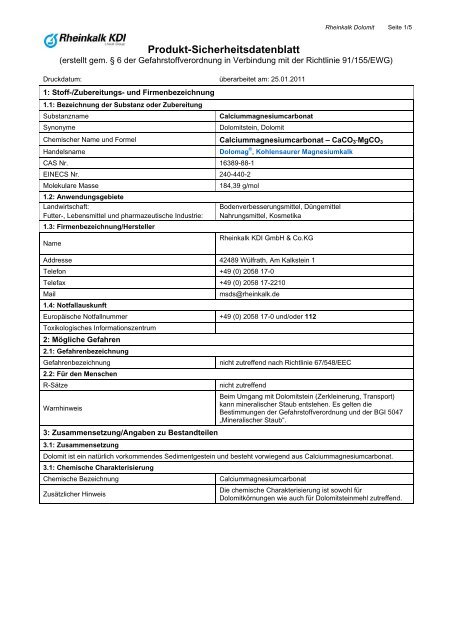 Sicherheitsdatenblatt DOLOMAG Â® Kohlensaurer ... - Rheinkalk KDI