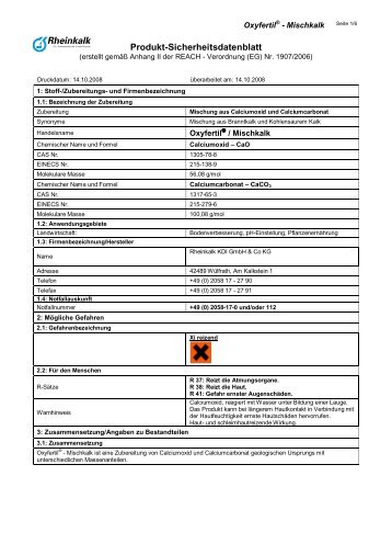 Sicherheitsdatenblatt Oxyfertil Â® Mischkalk - Rheinkalk KDI