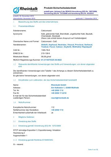 Sicherheitsdatenblatt Oxyfertil Â® -Branntkalk - Rheinkalk KDI