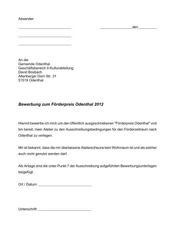 Bewerbung zum Förderpreis Odenthal 2012 - Rheinschiene @ktuell