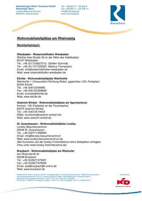 Liste der Wohnmobilstellplätze - Rheinsteig