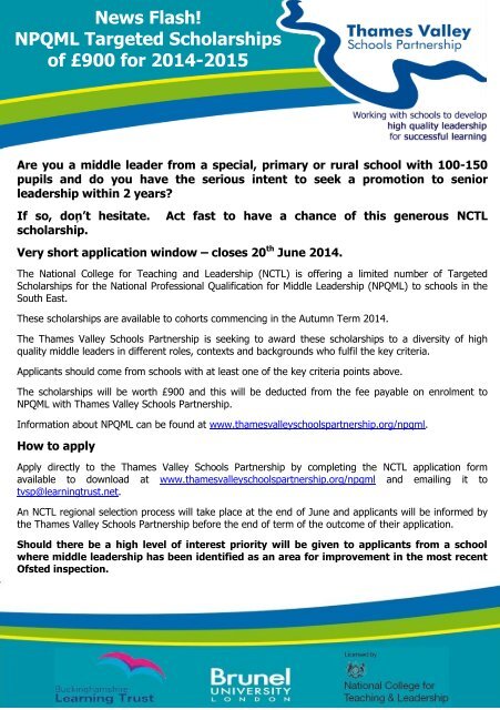 News Flash! NPQML Targeted Scholarships of £900 for 2014-2015