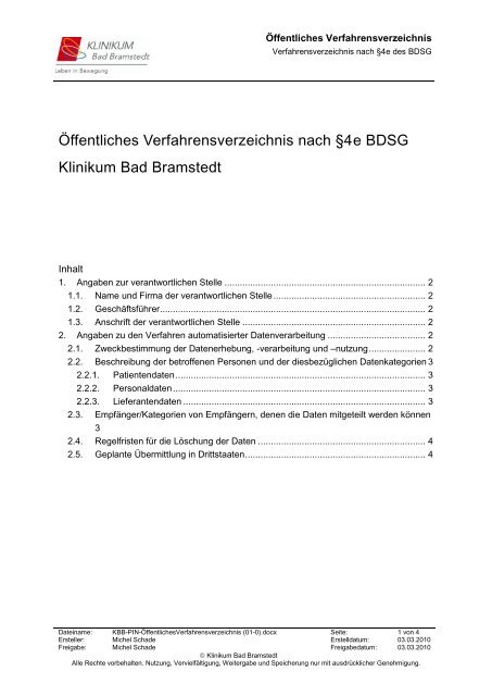 Ãffentliches Verfahrensverzeichnis nach Â§4e BDSG Klinikum Bad ...