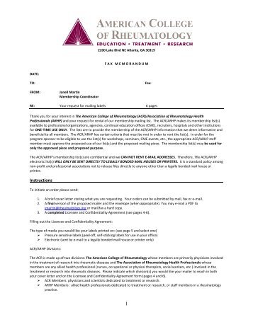 Mailing List Label Request Form - American College of Rheumatology