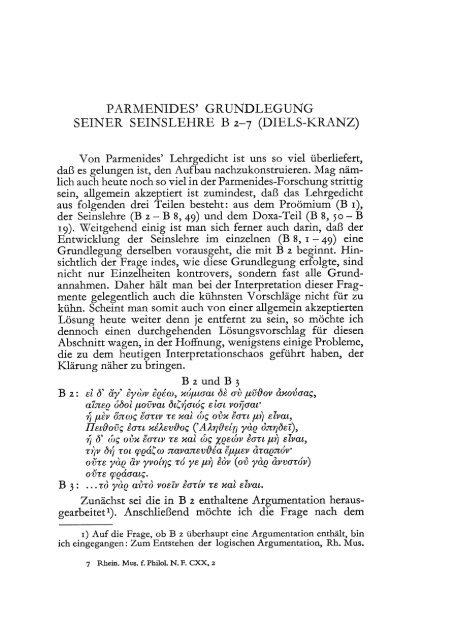 parmenides' grundlegung seiner seinslehre b 2-7 (diels-kranz)