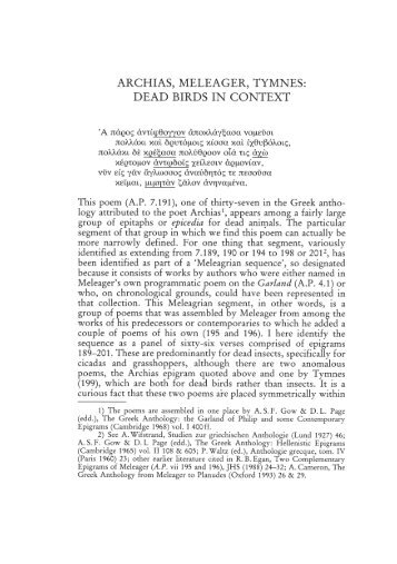 ARCHIAS, MELEAGER, TYMNES: DEAD BIRDS IN CONTEXT