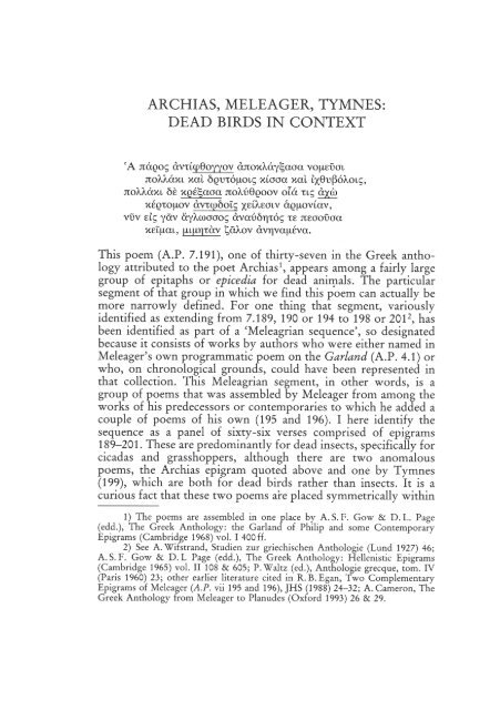 ARCHIAS, MELEAGER, TYMNES: DEAD BIRDS IN CONTEXT