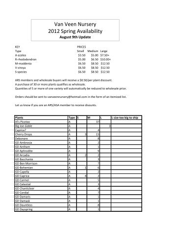 Van Veen Nursery 2012 Spring Availability - Rhododendron