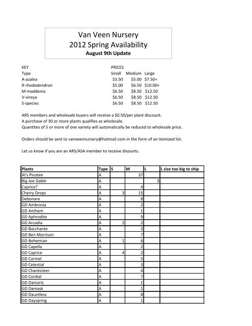 Van Veen Nursery 2012 Spring Availability - Rhododendron