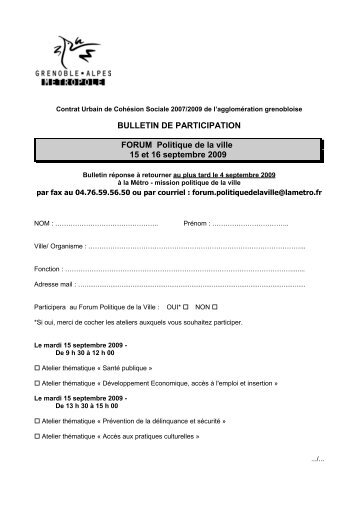 BULLETIN DE PARTICIPATION FORUM Politique de la ville 15 et ...