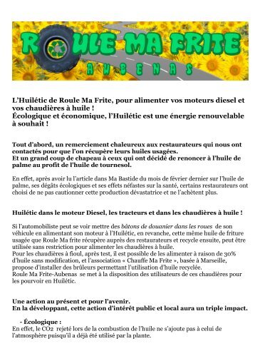 L'HuilÃ©tic de Roule Ma Frite, pour alimenter vos moteurs diesel et ...