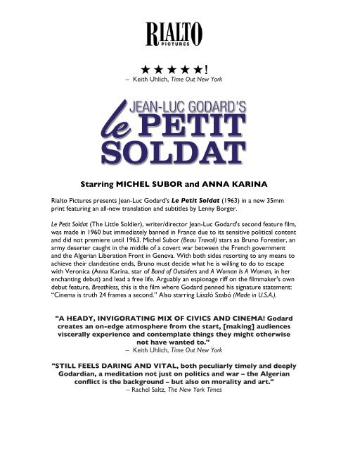 LE PETIT SOLDAT Nat'l Press Release - Rialto Pictures