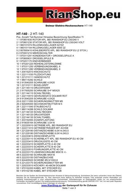 HT-140 Dolmar_Elektro-Heckenschere.pdf - Rian Gartentechnik