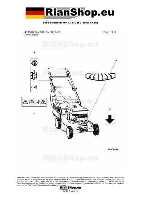 Sabo BenzinmÃ¤her 43-130 H Classic SA156 Seite 1 von 10