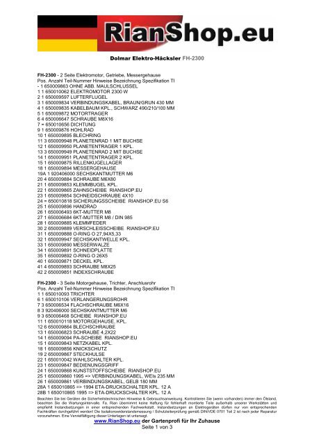 Dolmar Elektro-HÃ¤cksler FH-2300 www.RianShop.eu der ...