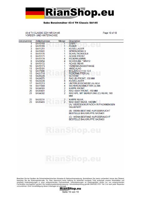 Sabo BenzinmÃ¤her 43-4 TH Classic SA145 Seite 1 von 10