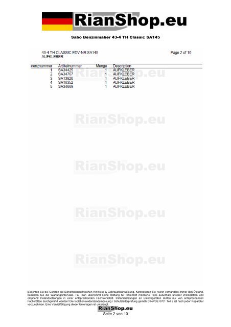 Sabo BenzinmÃ¤her 43-4 TH Classic SA145 Seite 1 von 10