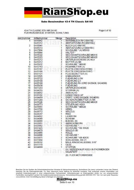 Sabo BenzinmÃ¤her 43-4 TH Classic SA145 Seite 1 von 10
