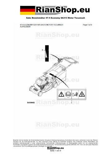 Sabo BenzinmÃ¤her 47-4 Economy SA313 Motor Tecumseh Seite 1 ...