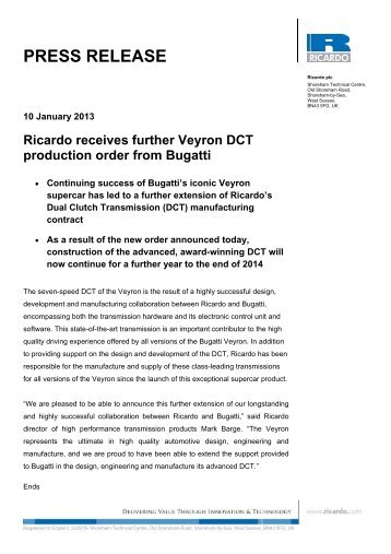 Ricardo Receives Further Veyron Dct Production Order From Bugatti