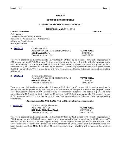 March 1, 2012 Page 1 AGENDA TOWN OF RICHMOND HILL ...