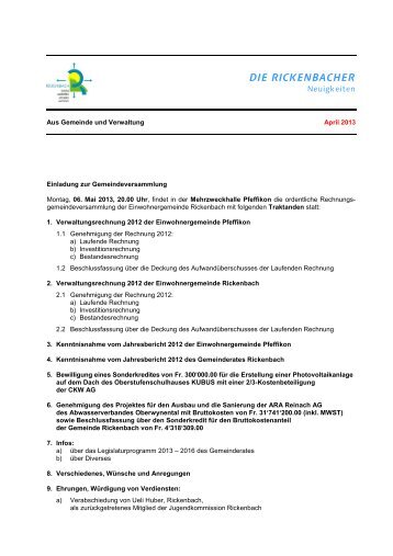 Neuigkeiten des Montas April (97 KB) - Gemeinde Rickenbach