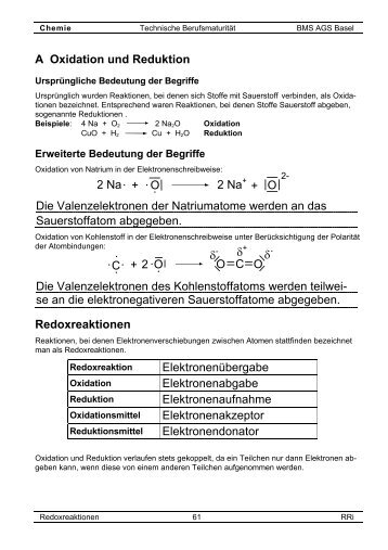 A Oxidation und Reduktion Die Valenzelektronen der ... - Ricki.ch