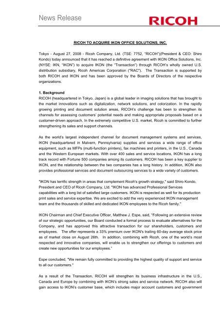 Ricoh To Acquire Ikon Office Solutions Inc 71kb Ricoh To Acquire Ikon Office Solutions Inc 71kb