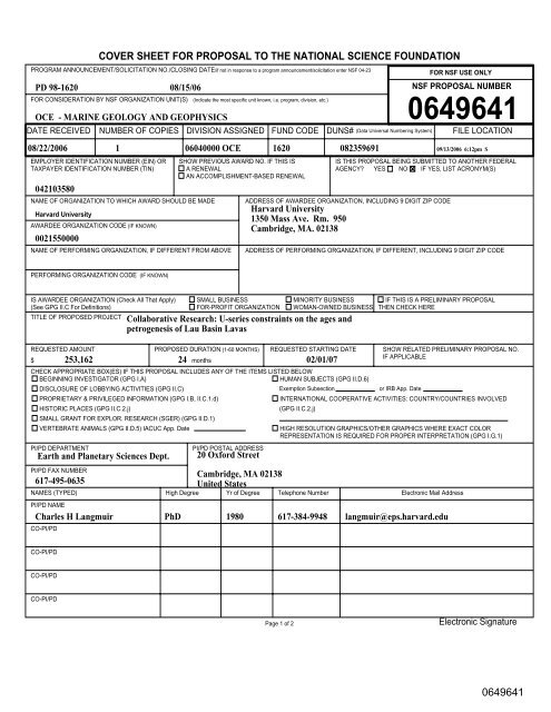 NSF Forms - Ridge 2000 Program