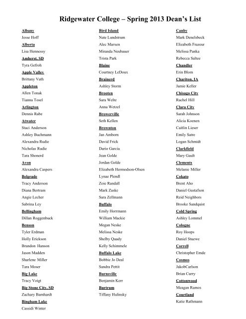 Ridgewater College â Spring 2013 Dean's List