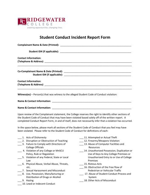 Student Conduct Incident Report Form - Ridgewater College