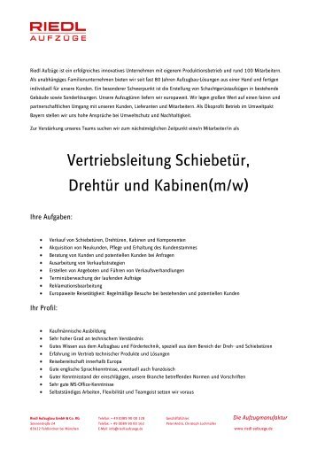 Vertriebsleitung Schiebetür, Drehtür und Kabinen(m ... - Riedl Aufzüge