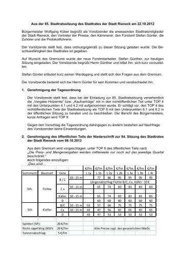 Aus der 85. Stadtratssitzung des Stadtrates der Stadt Rieneck am ...