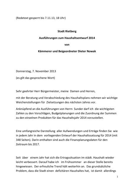 (Redetext gesperrt bis 7.11.13, 18 Uhr) Stadt Rietberg ...