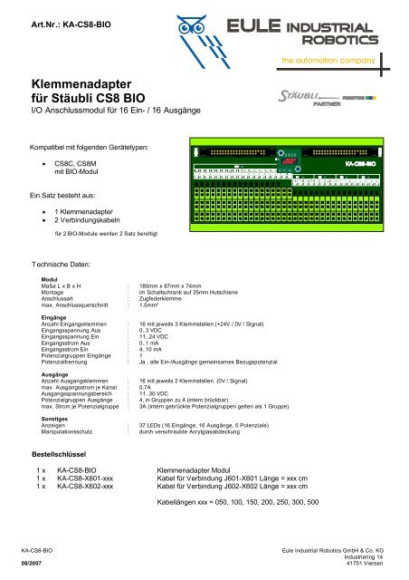 Klemmenadapter für Stäubli CS8 BIO - eule-roboter.de