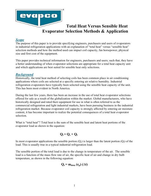 Total Heat Versus Sensible Heat Evaporator Selection Methods ...