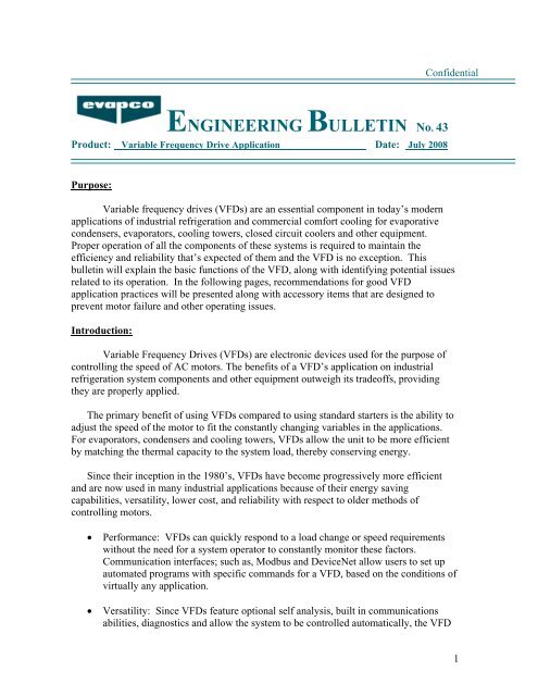 Engineering Bulletin #43 VFD Application - Evapco