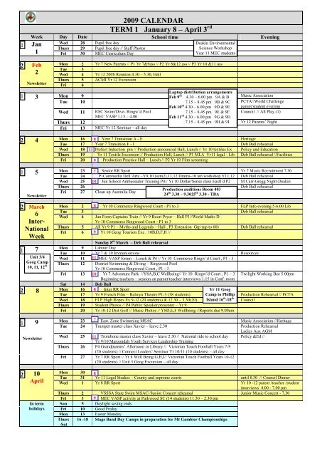 2009 CALENDAR TERM 1 January 8 – April 3