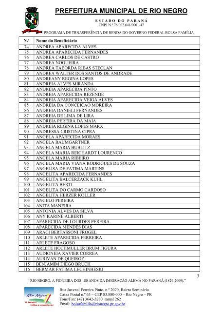 Beneficiarios do Bolsa FamÃ­lia - Prefeitura Municipal de Rio Negro