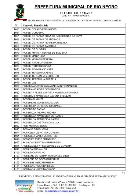 BeneficiÃ¡rios do Bolsa FamÃ­lia - Prefeitura Municipal de Rio Negro