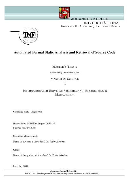 Automated Formal Static Analysis and Retrieval of Source Code - JKU