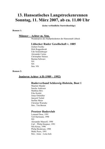 13. Hanseatisches Langstreckenrennen Sonntag, 11. MÃ¤rz 2007, ab ...