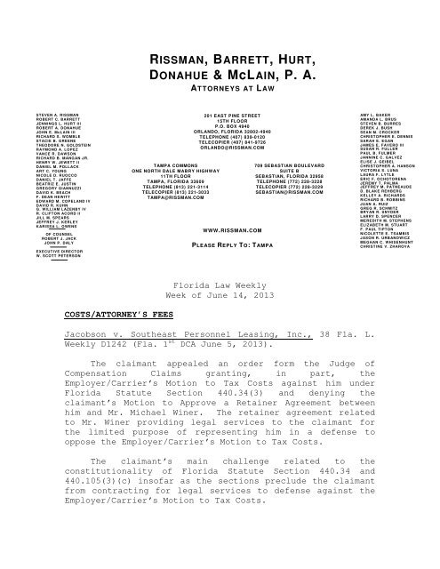 Florida Law Weekly - Rissman, Barrett, Hurt, Donahue & McLain, PA