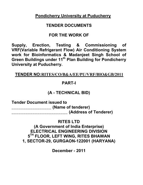 Pondicherry University at Puducherry TENDER DOCUMENTS - Rites