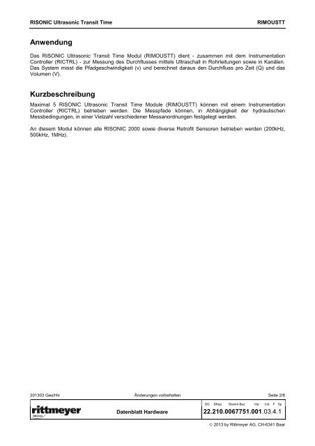 Datenblatt Ultrasonic Transit Time Modul - rittmeyer.com