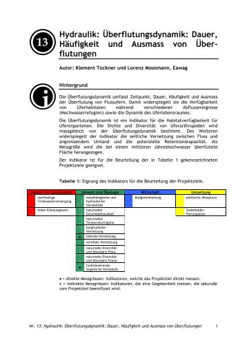 Hydraulik: Ãberflutungsdynamik: Dauer, HÃ¤ufigkeit und Ausmass ...