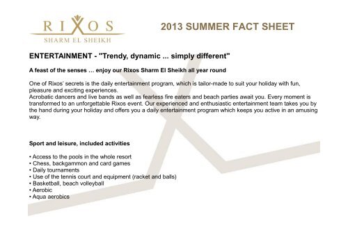 2013 summer fact sheet - Rixos Hotel