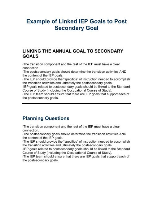 Example of Linked IEP Goals to Post Secondary Goal LINKING THE ...