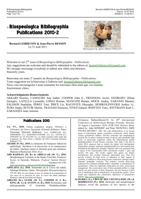 Biospeologica Bibliographia Publications 2010-2