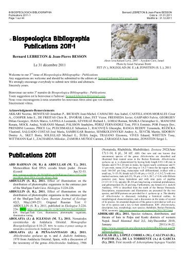 Biospeologica Bibliographia Publications 2011-1